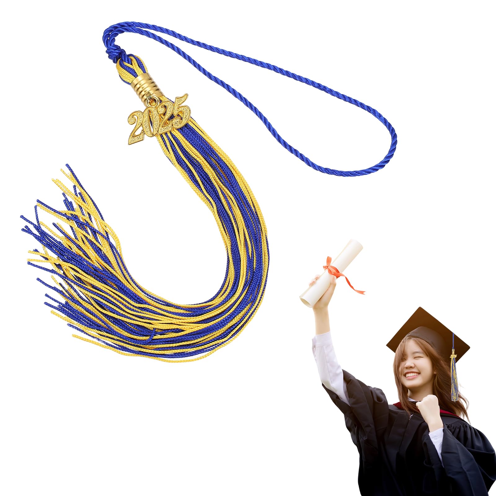 MECCANIXITY Graduation Tassel 2025, Blue Gold Tassels with 2025 Year Gold Date Charms Academic Graduation Charm Cap Decorations Party Decorations