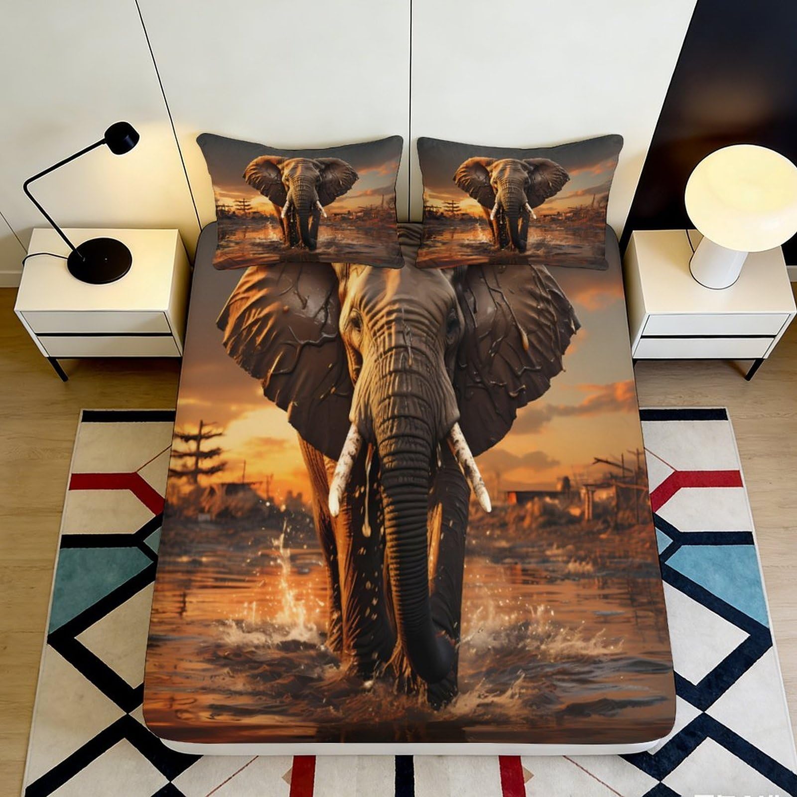 3D Printed Sunset Elephant Fitted Sheet Microfiber Soft Non-slip African Wildlife Mattress Cover for Bedroom Decor 90x200x25cm