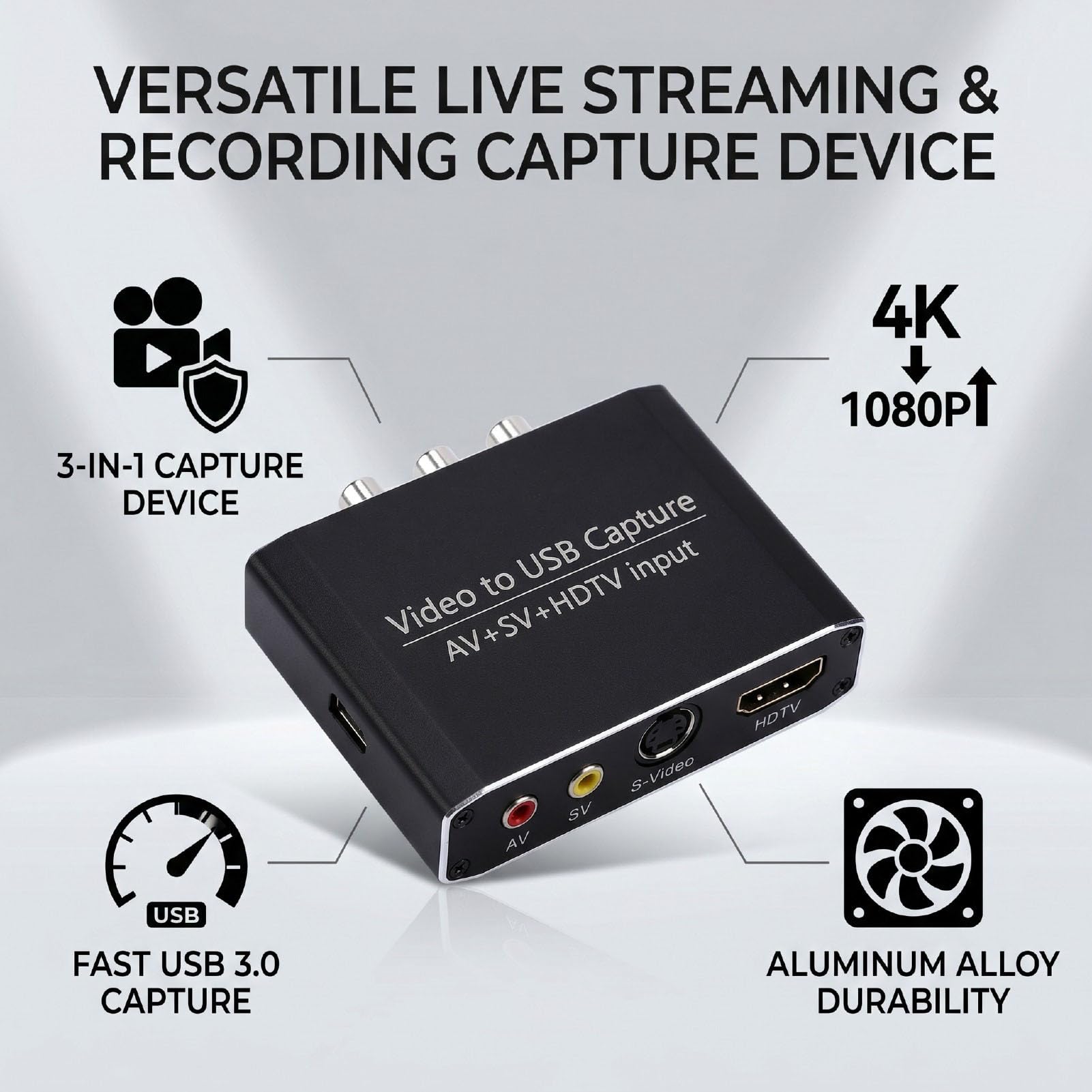 Goshyda USB 3.0-Capture-Karte, AV-S-Video-HD-Multimedia-Schnittstellenkonverter für Live-Streaming-Aufnahmen aus Aluminiumlegierung