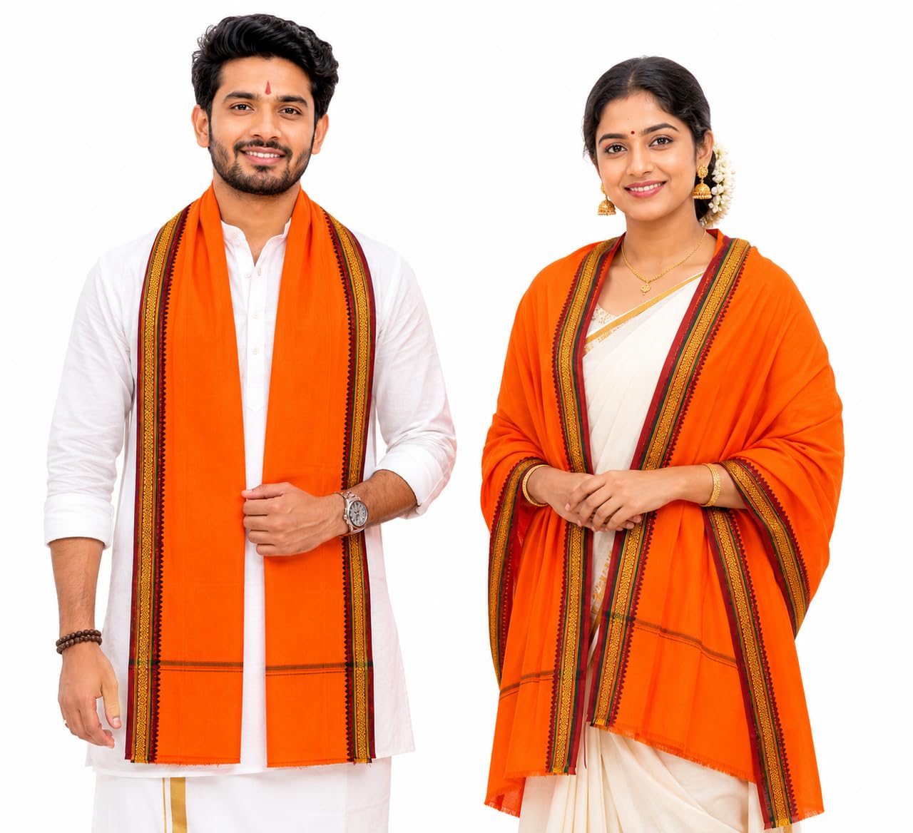 Premium BJP South Indian Cotton Angavastram | Saffron Political Support Shawl with Traditional Woven Border | 2M x 0.7M-image-23