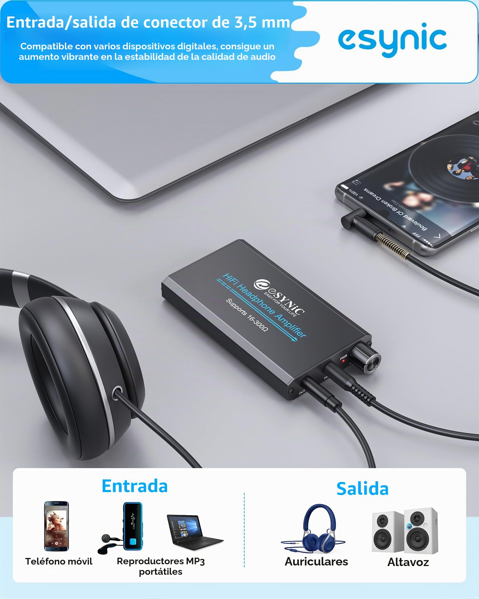 eSynic Amplificador de Auriculares Portátil HiFi 3.5mm Audio Jack Soporte 16-300Ωcon Interruptor de Ganancia de Dos Etapas Cable USB y Cascara de Aluminio para Teléfonos MP3 MP4