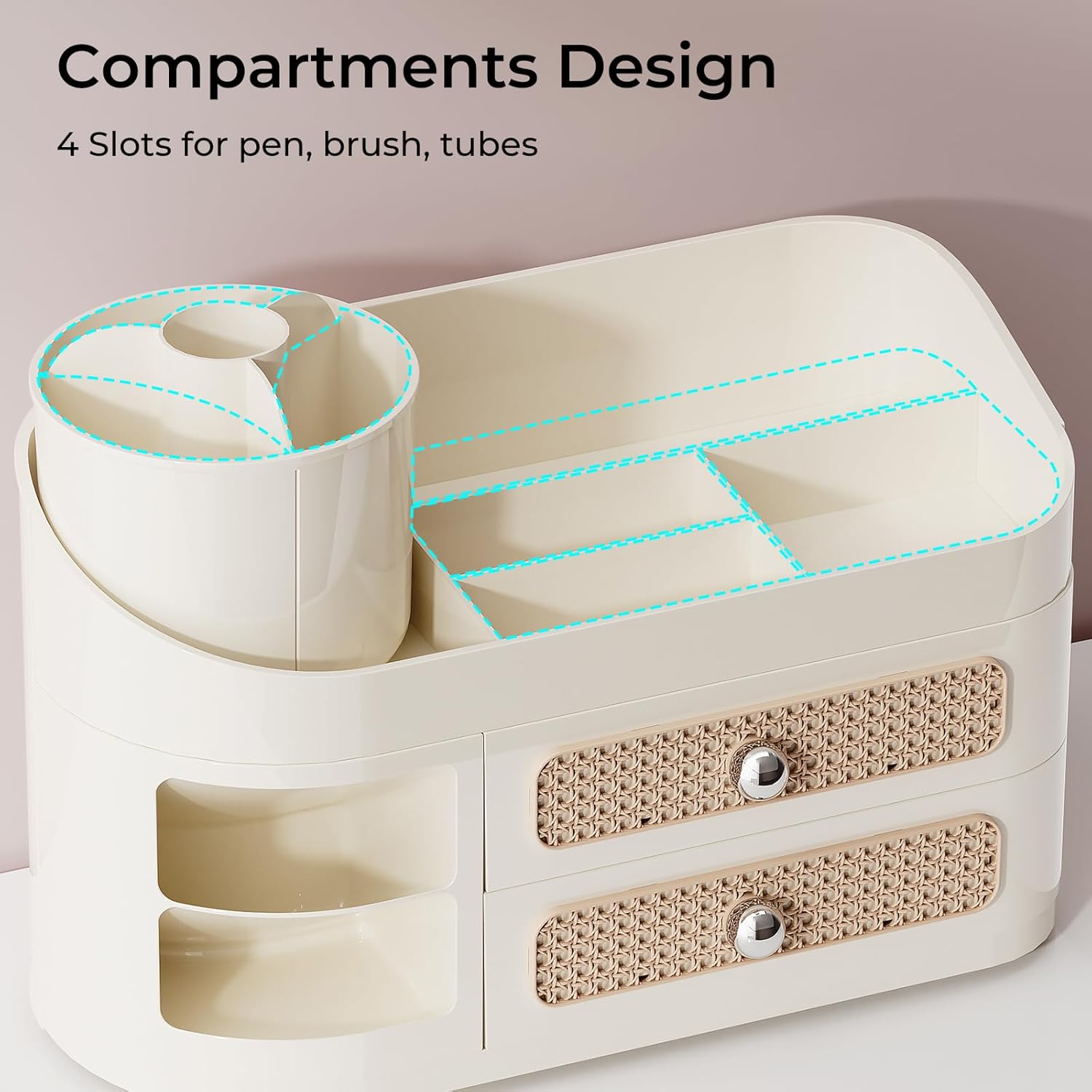 Makeup Organizer with Rotating Brush Holder, Bathroom Countertop Organizer with 2 Drawers, Easy to Store Hair Brush, Lipsticks, Perfumes, Skincare, Beige - Image 4