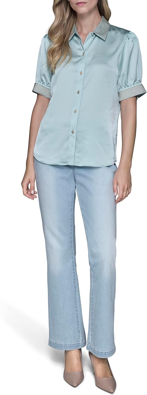 Karl Lagerfeld Women's Polished Button-Front Everyday Essential Versatile Blouse
