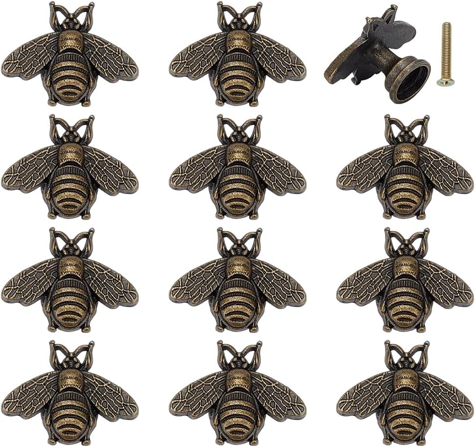 PH PandaHall 12 Sets Bee Cabinet Knobs Vintage Drawer Knobs Bee Shape Hardware Knob Animal Drawer Pulls Decorative Alloy Cabinet Handles Knob for Antique Jewelry Box Dresser Decoration, Antique Bronze