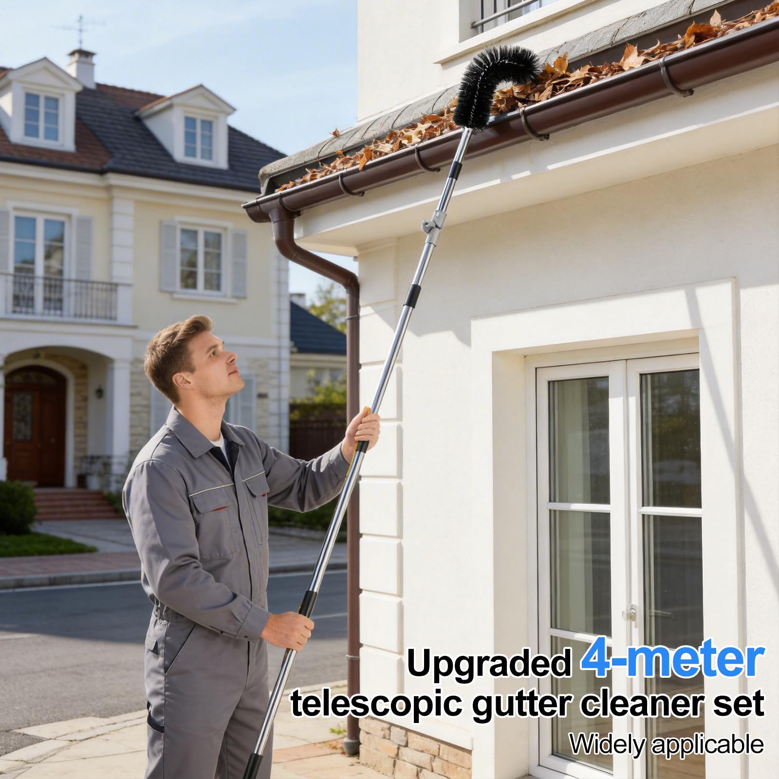 Dachrinnenreiniger 4M Teleskop, Dachrinnenbürste mit verstellbarem Edelstahl-Stiel und Schaber, 2-in-1 Regenrinnen Reiniger Dachrinnen-Reinigungswerkzeug für Dachrinnen und Gärten