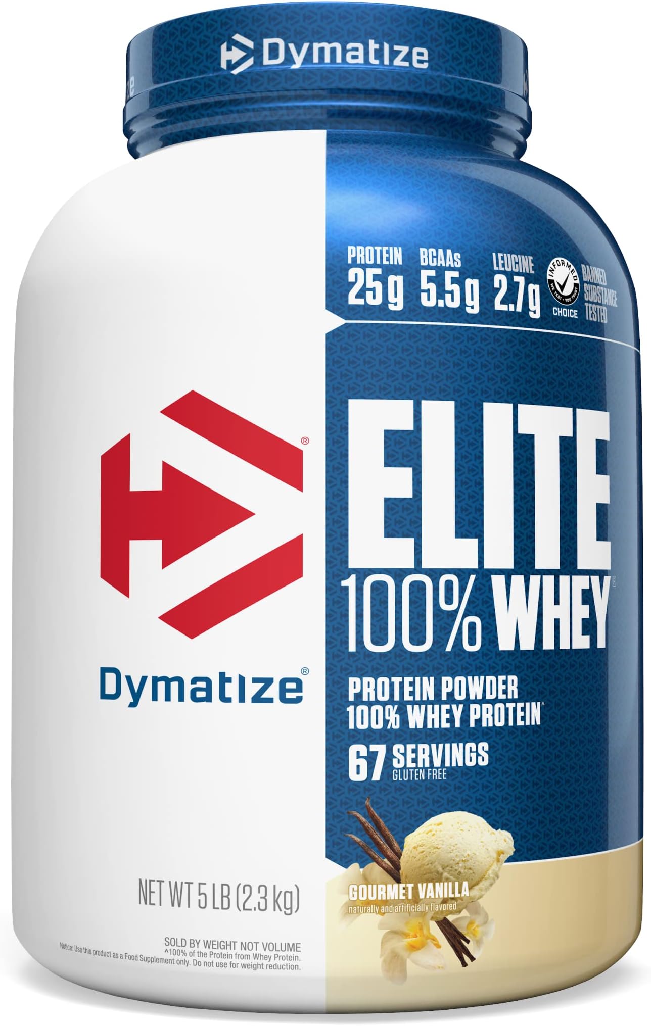 Dymatize Elite 100% Whey Protein Powder, Vanilla, 25g of Protein, 5.5g BCAAs, Less Than 140 Cal., Gluten Free, 2g Carb, 2g Sugar, 3g Fat (67 Servings)