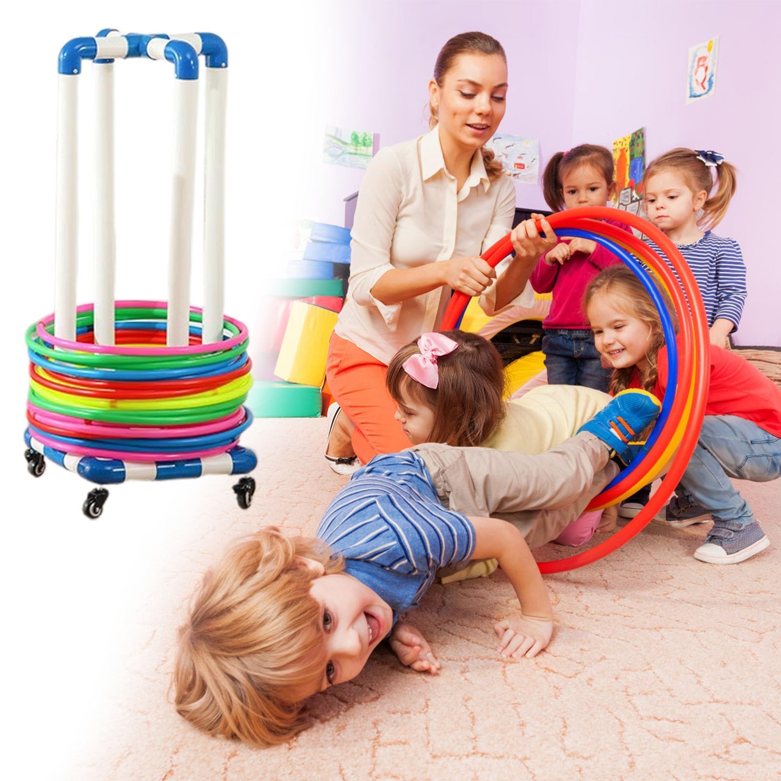 Hula-Hoop-Halter für Kinder, mobiler Fitness-Hoop-Wagen auf Rädern, drehbarer Übungsreifen Aufbewahrungsregal für Hindernislauf