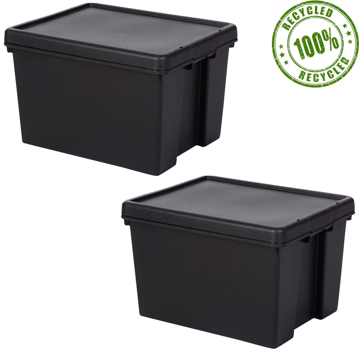 Wham Bam100% Recycled Super Strong Impact Resistant Black Re-Usable Storage Boxes With Lids 45 Litre 50 x 39.5 x 32cm (2 Boxes)