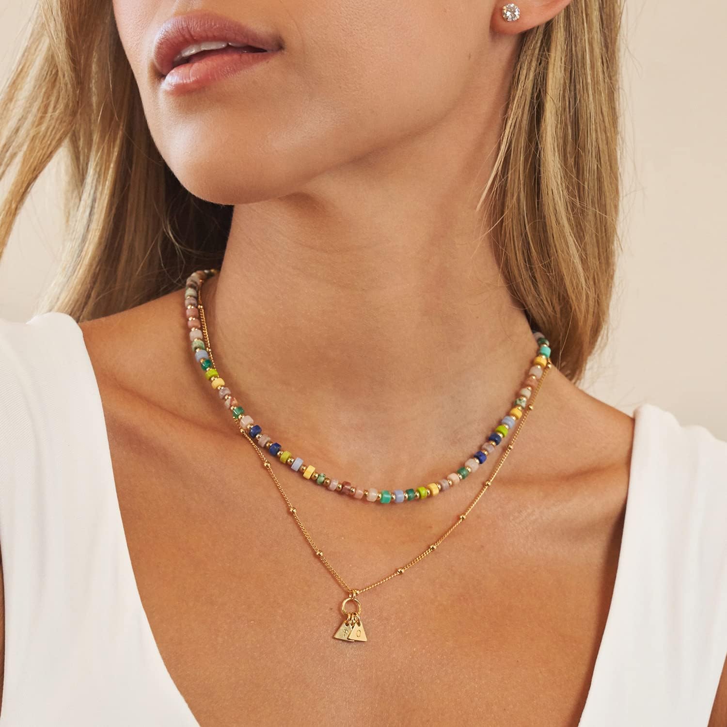 MYKA - Personalized 2 Sets Of Layered Necklace with Initials On Bobble Chain & Colorful Beads - Colorful Gift For her, Women For Mother's Day, Birthday, Christmas - Resort, Tropical, Pacific Colors for Summer
