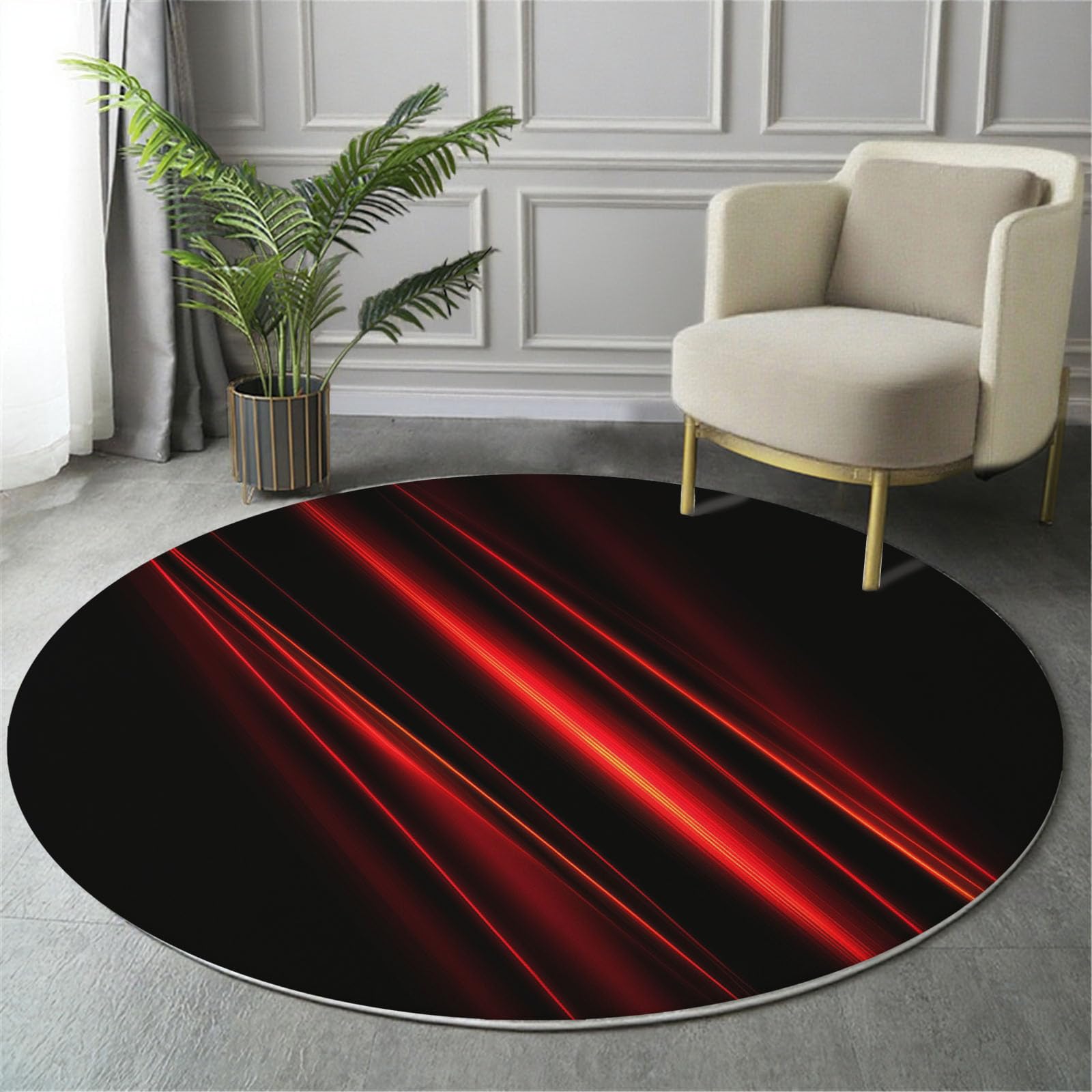 Tapis rond lavable haut de gamme 100cm abstrait imprimé lumière rouge pour décoration salon