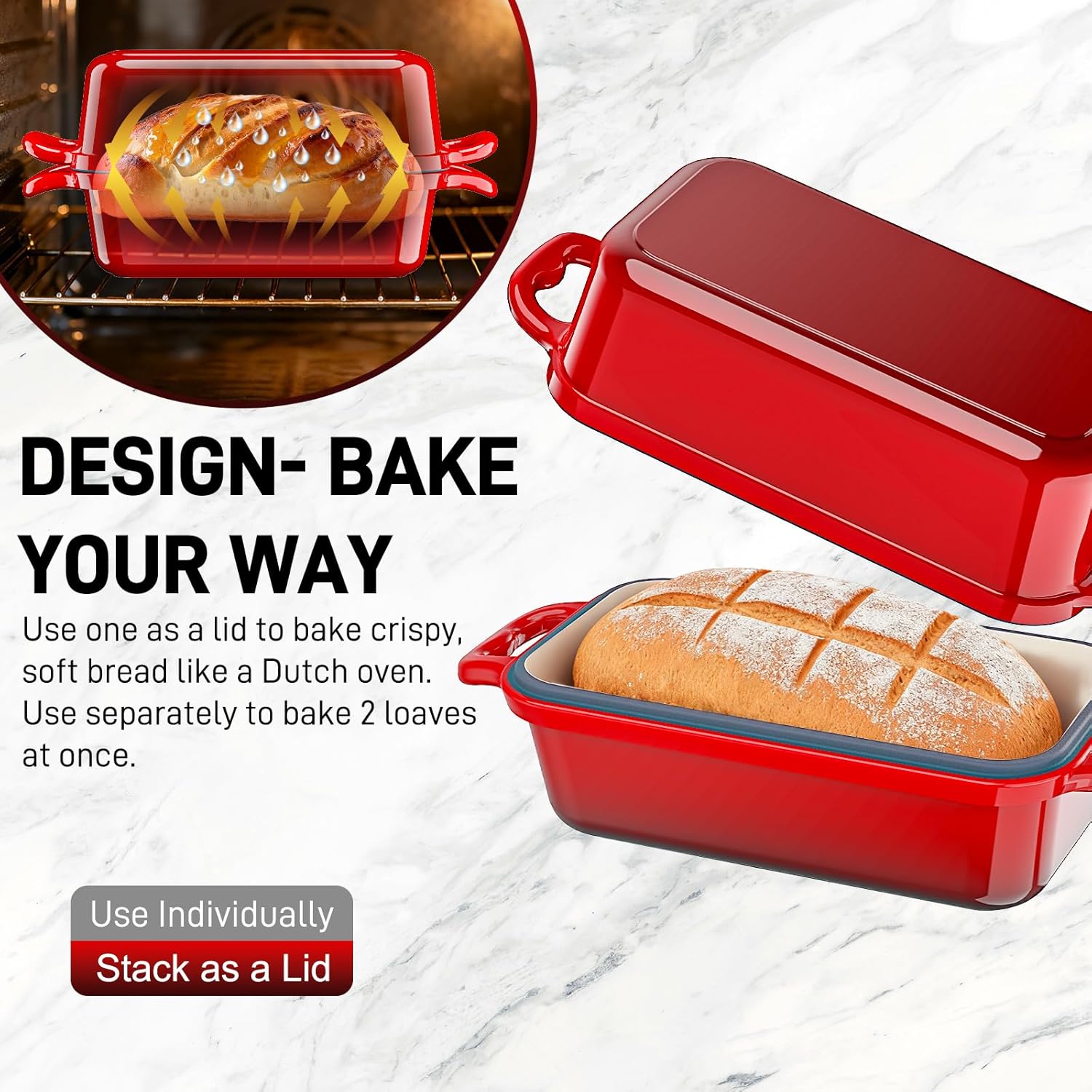 Enameled Cast Iron Dutch Oven for Sourdough Bread Baking, 9 x 5Inch Oval Cast Iron Bread Pan with Lid, 2PCS Dutch Oven for Homemade Sourdough Baking, Meatloaf Pan, Oven Safe, Red