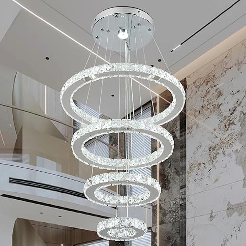 Candelabros LED, moderno candelabro de cristal para comedor, sala de estar, lámpara colgante de techo LED, 4 anillos, candelabros ajustables de