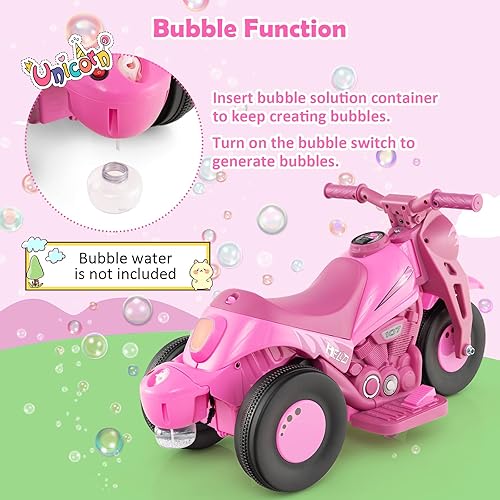 Miniatura 3 de HONEY JOY Motocicleta rosa de 6 V para niños pequeños con fabricante de burbujas, luz LED, música, pedal de pie, adelanteatrás, motocicleta