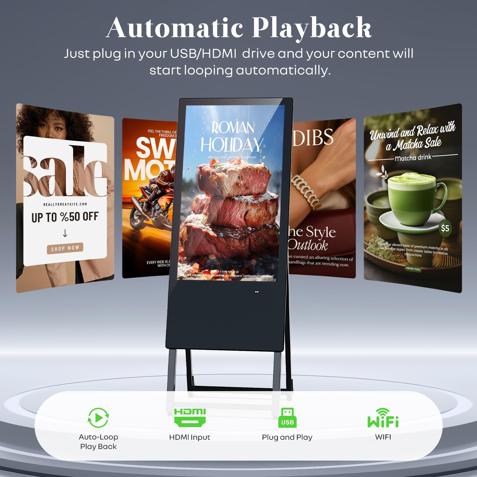 Display Pubblicitario Digitale 32 Pollici, Totem con Android OS, Digital Signage FHD IPS, Cavalletto LCD con WiFi/USB/HDMI, Pieghevole con Ruote, Nero