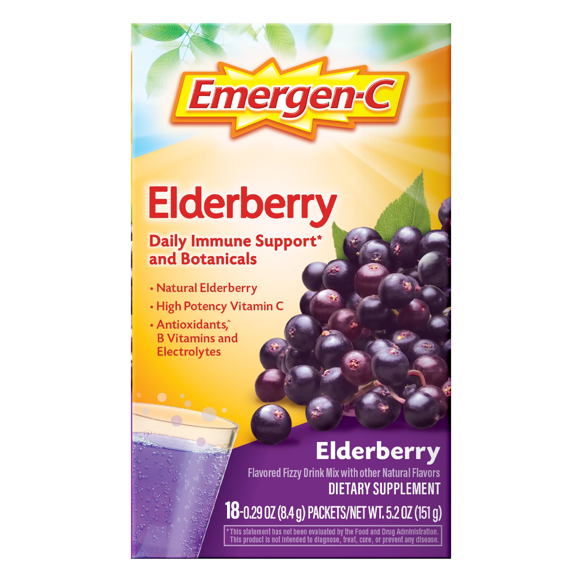 Elderberry Fizzy Drink Mix, Elderberry Immune Support, Natural Flavors, With High Potency Vitamin C, 18 Count