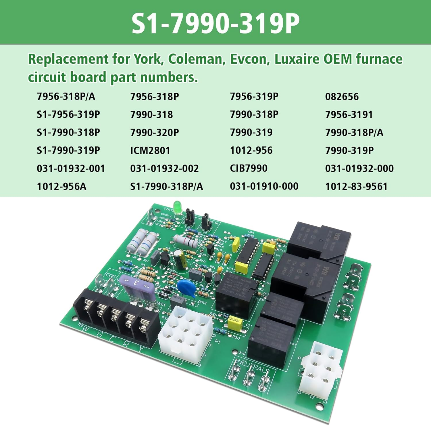 S1-7990-319P Furnace Control Circuit Board， Replacement for Coleman Evcon York Luxaire 7990-319P ICM2801 031-01910-000 031-01932-002