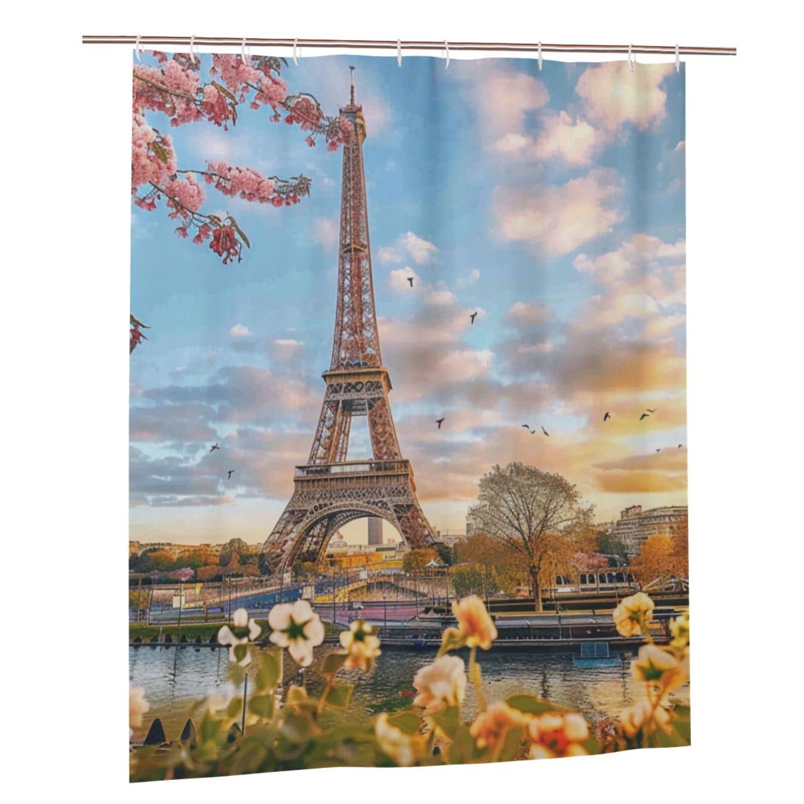 BWWHCCTI paris eiffel tower with flowers Printed Shower Curtain With 12 Plastic Hooks Opaque Quick Drying Waterproof Shower Curtains Sets For Bathroom 152x183 Cm