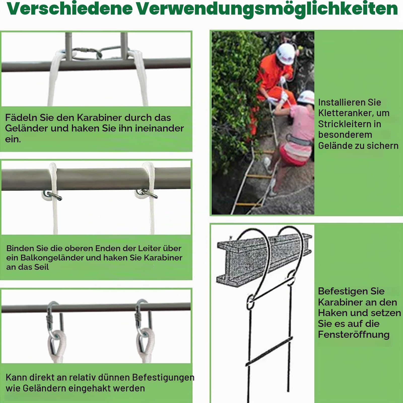 Strickleiter, Feuerfeste Rettungsseilleiter 5.2m mit Karabinern für 2-stöckiges Haus, Baumhaus, Balkon und Geländer, Tragfähigkeit bis zu 900 kg von Poweka
