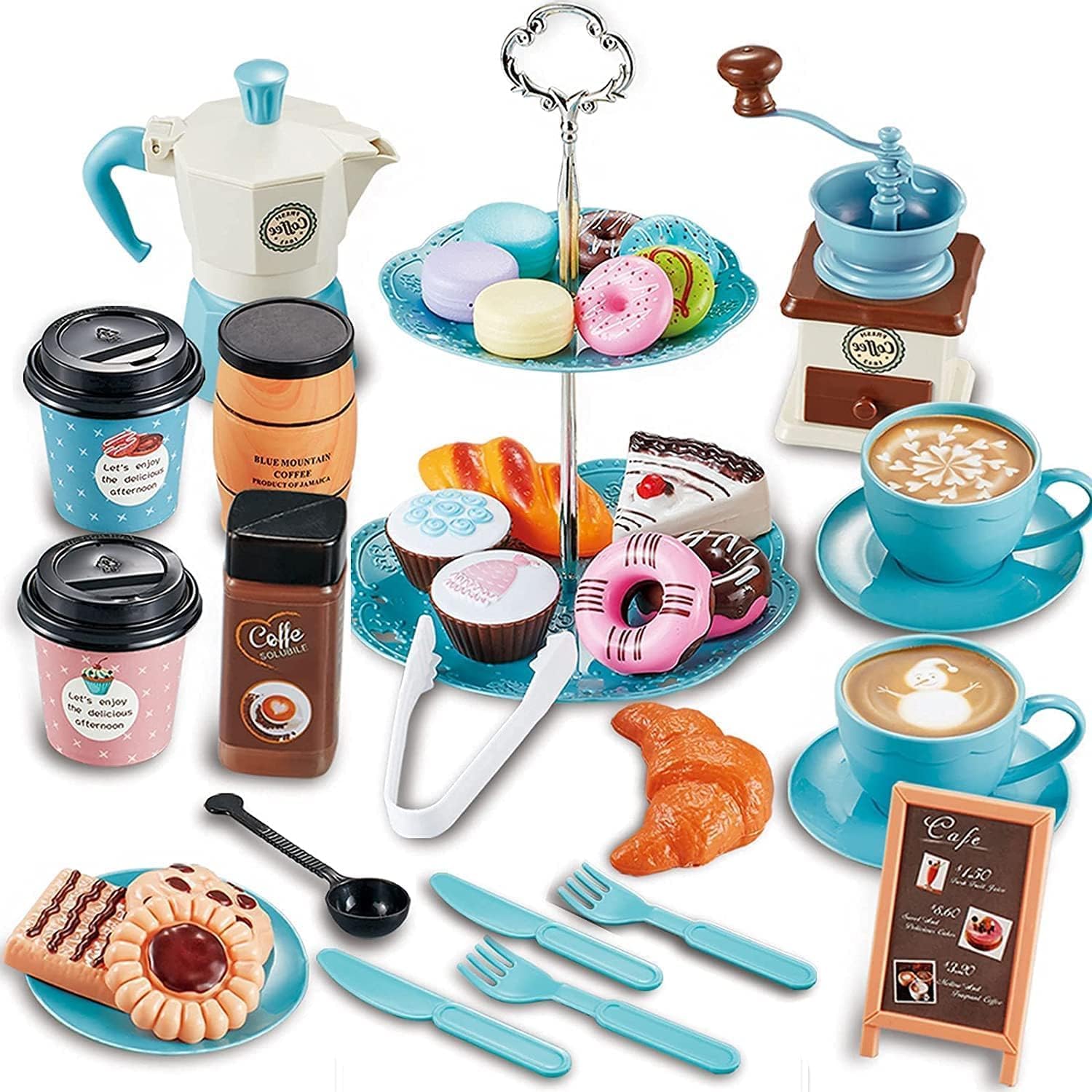 Pretend Tea Party Set for Little Girls, 48 PCS Coffee Maker Set and Play Food Dessert Set for Kids Age 3 4 5 6 7 8 9, Kids Kitchen Pretend Play for Princess Girls Boys(Pink)