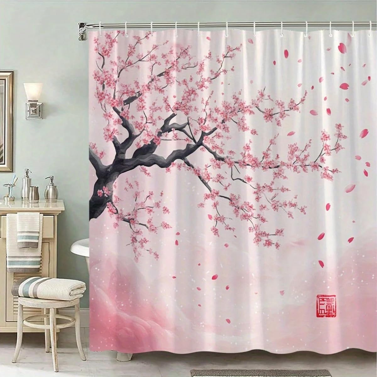 Rideau de douche fleurs de cerisier 180x230 cm rose pastel pour déco de salle de bain