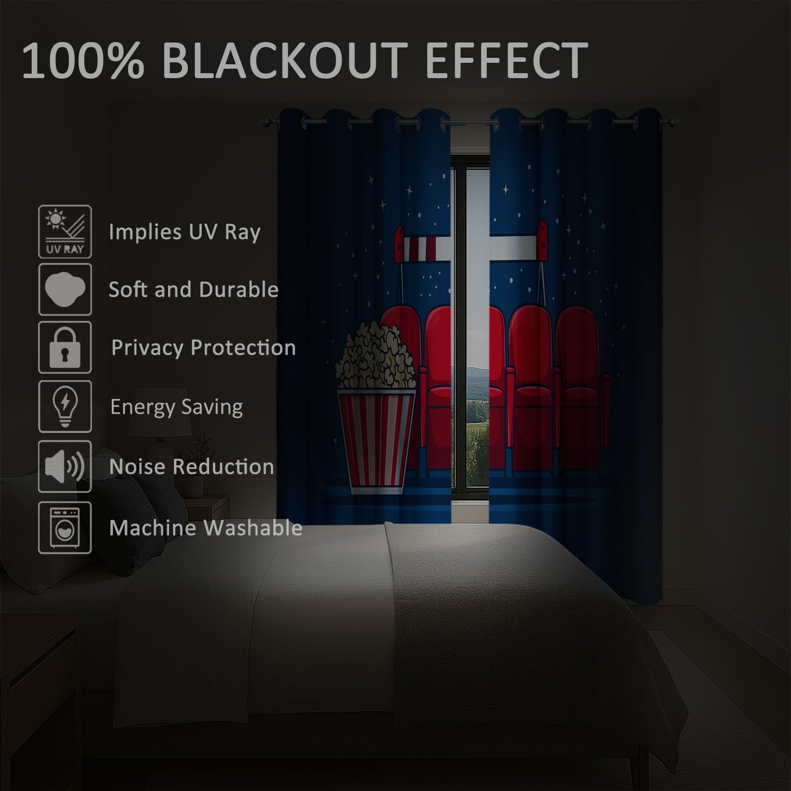 Generico Tenda Oscurante Termica Isolante 140L x 245A cm (2 Pannelli) Con Occhielli, Stile Cartoon Tenda Riduzione di Rumore e Calore in Camera da Letto Cinema Stelle Per Interni Finestre Soggiorno