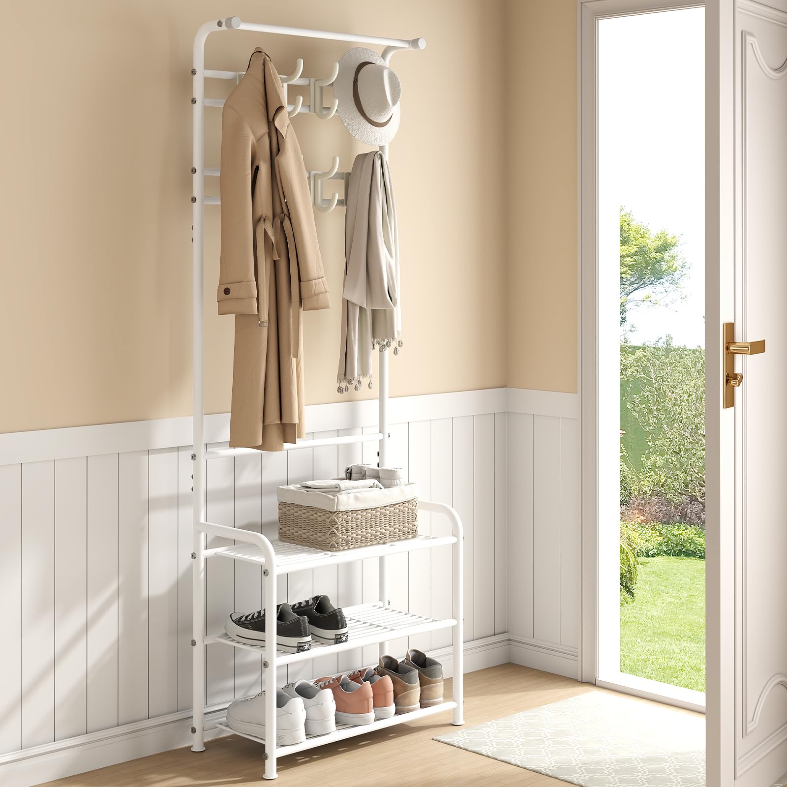 Innotic Perchero 3 en 1 estable barra de ropa con 3 capas zapatero y ganchos desmontables para el dormitorio (Blanco-2)