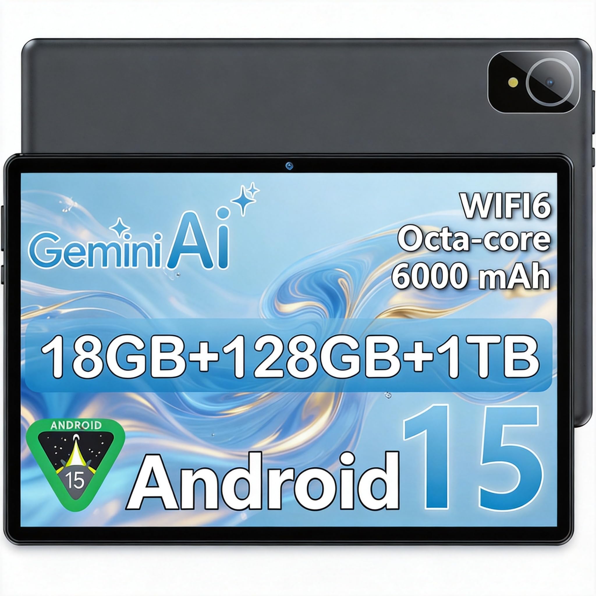 Tablet Android 15 de 10 Pulgadas Gris, 6GB RAM (hasta 18GB) 128GB, Octa-Core T30, Pantalla IPS 1280x800, Batería 6000mAh, WiFi Dual, GPS, Desbloqueo Facial, Bluetooth, USB-C, TF 1TB