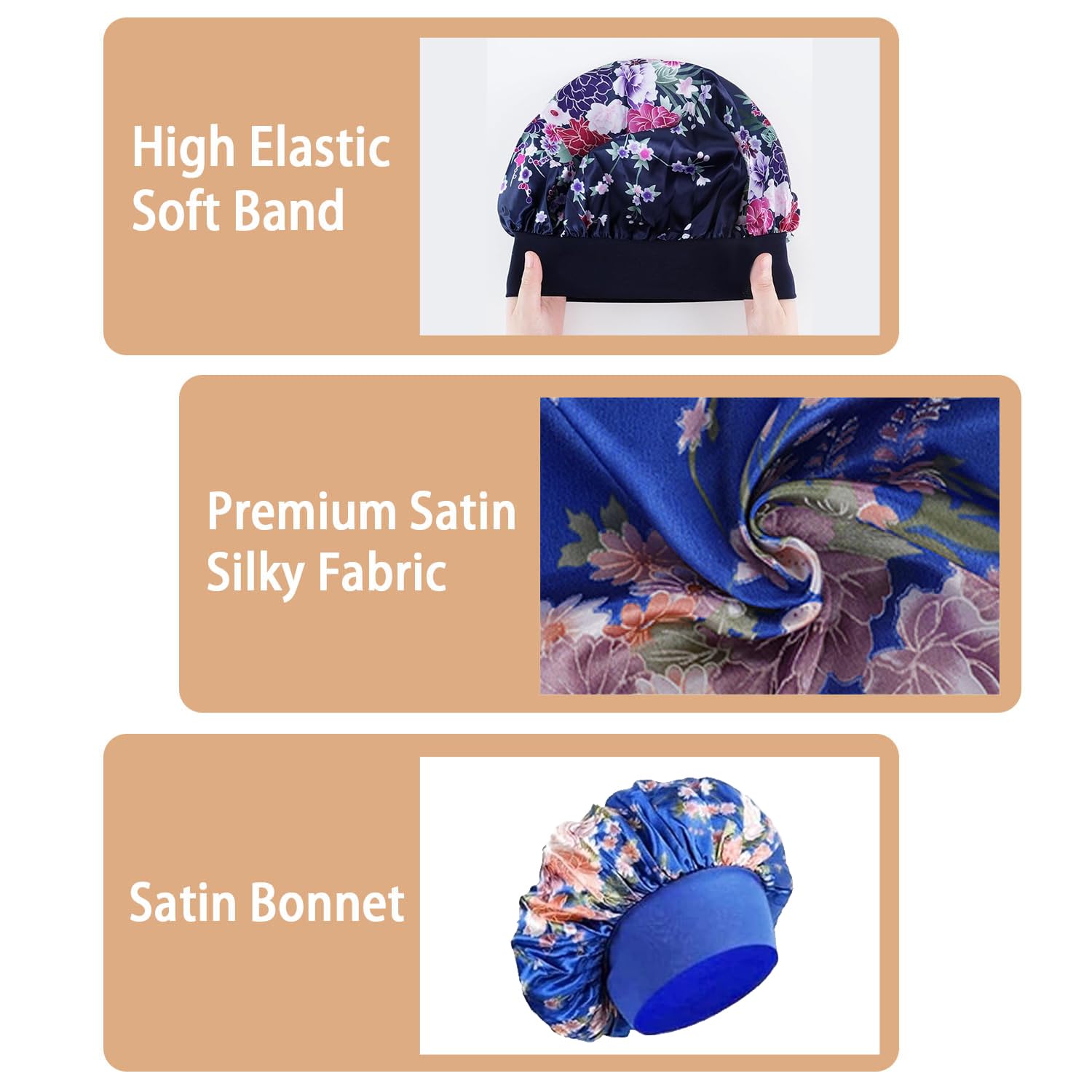 WUBAYI 3 Pcs Soft Satin Bonnet, Silk Bonnet Hair Wrap for Sleeping, Sleeping Hair Care Cap Bonnets, Night Sleeping Head Cover Sleeping Hat for Women and Girls Curly Hair