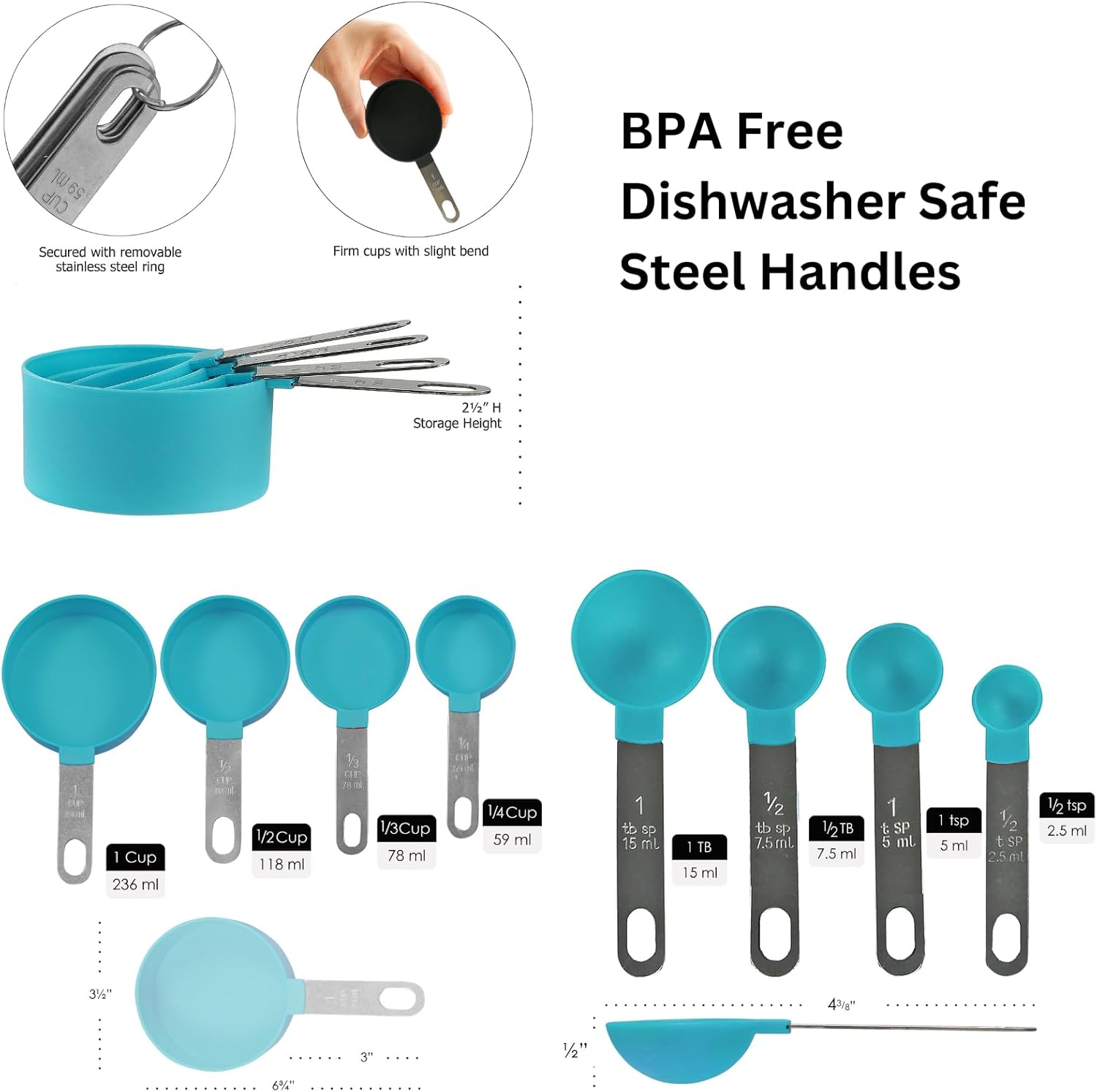 Batter Bowl With Pour Spout, Non-Slip Base,Space Saving Detachable Handle with Lid, Mixing with Measuring Spoons and Cups 2 QT Heavy Duty BPA-Free Microwave & Dishwasher Safe (Turquoise)