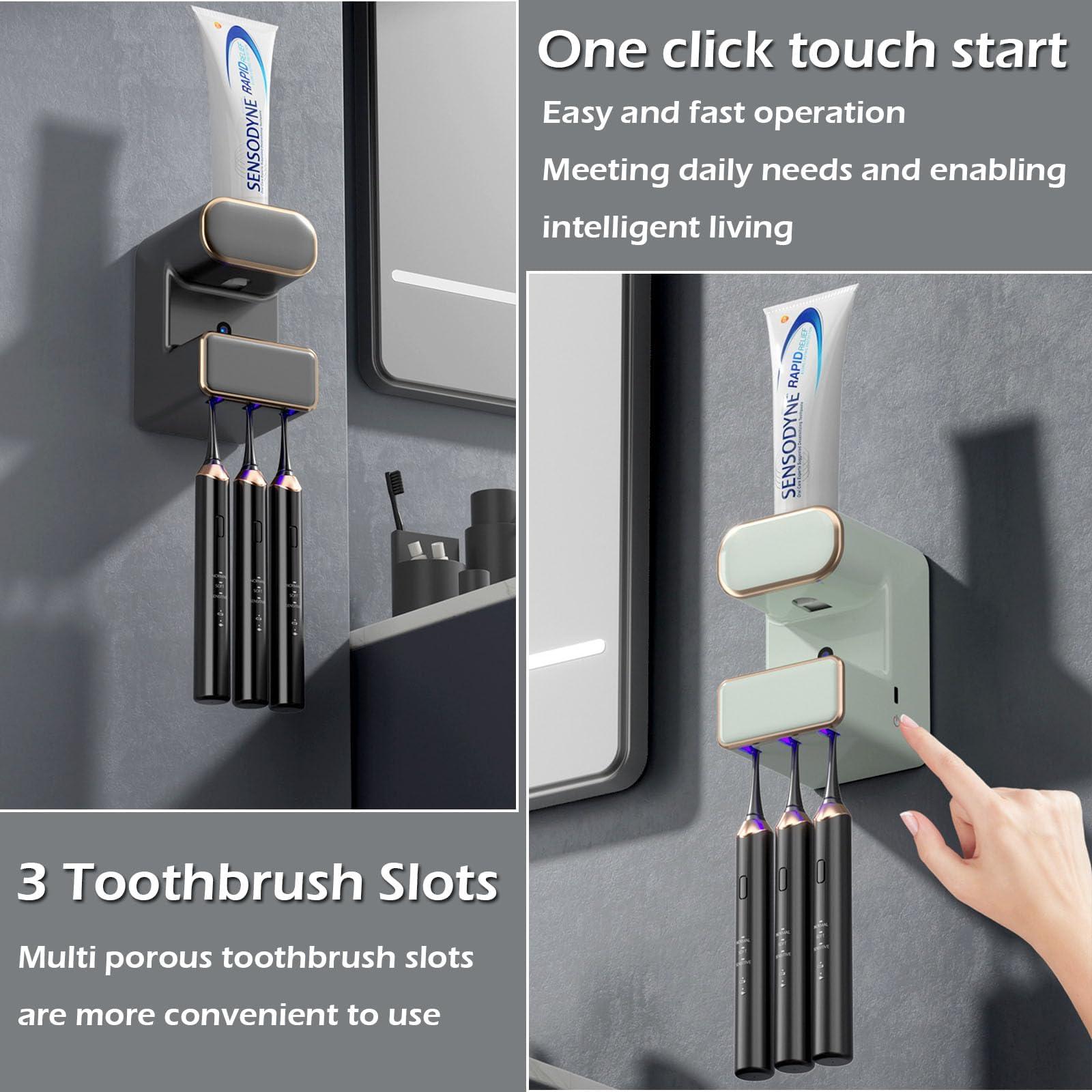 Dispensador automático de pasta de dientes, dispensador de pasta de dientes eléctrico multifunción, dispensador de pasta de dientes montado en la pared con 3 ranuras para cepillo, organizador de