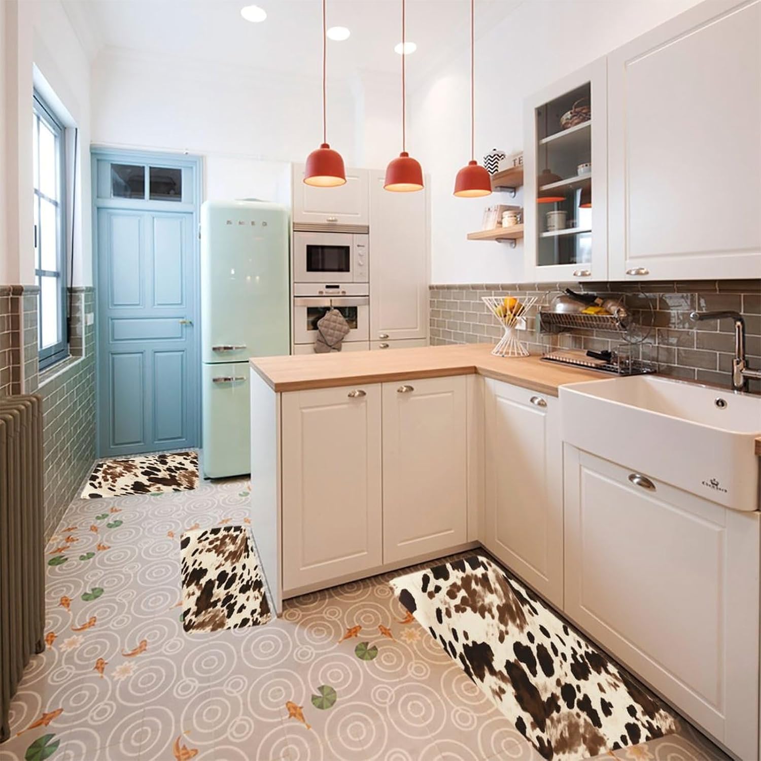 Cow Printed Kitchen Rugs Sets of 3 Washable Non Slip Kitchen Rug Water Resistant Carpet Piece Anti Fatigue Kitchen Mats Soft Comfort Standing Mat Modern Area Rug