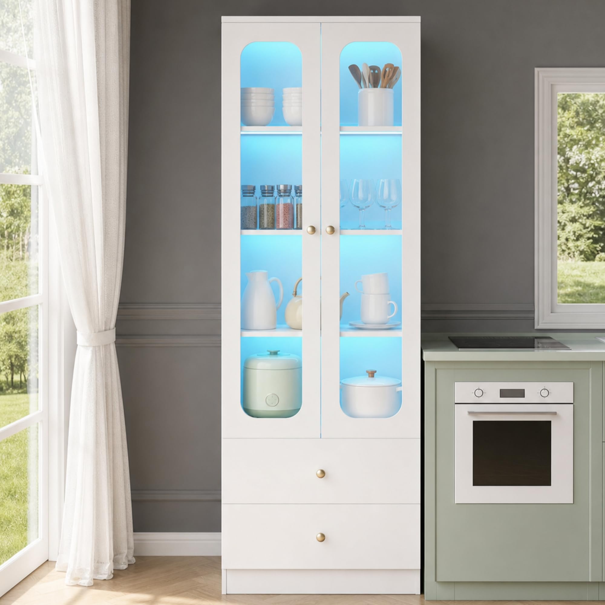 Vitrina de cristal blanco, armario de cocina, vitrina coleccionable, 4 niveles, armario de juguetes con 2 cajones, asas de metal doradas, 60 x 35 x 170 cm