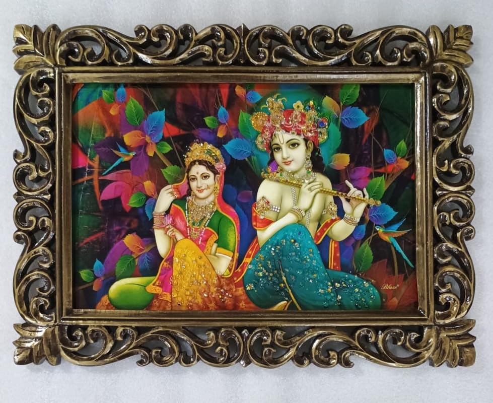 Déco salon Radha Krishna, cadre bois sculpté pour espace de méditation