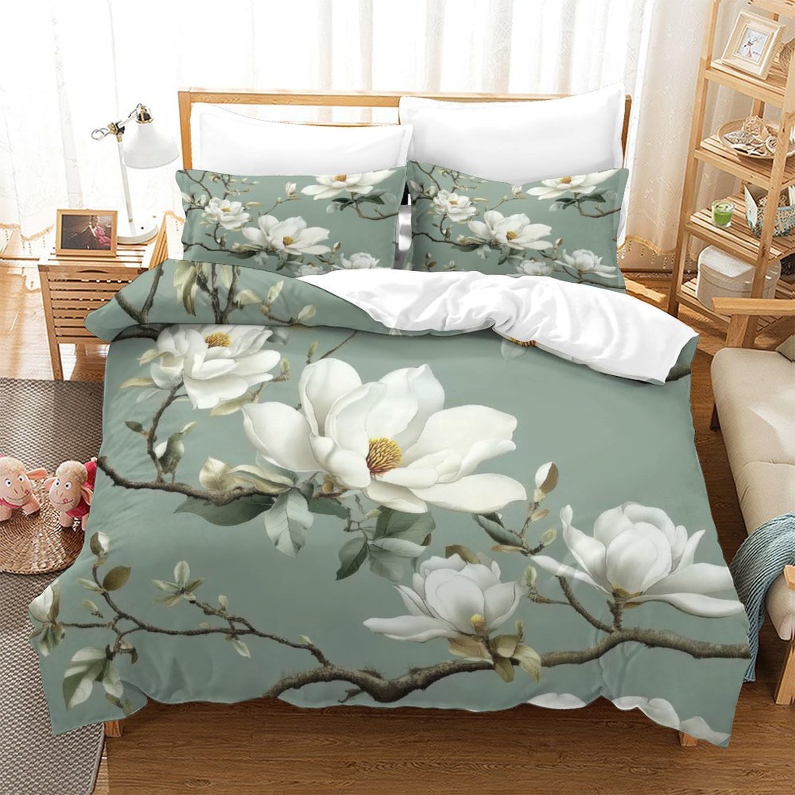 Weiße Magnolia Blüten 3-teiliges Reines Polyester Botanischer Garten Stil Bettbezugset, Versteckter Reißverschluss, Krippenbettwäsche, Babysicher & Gifffrei King（220x240cm）