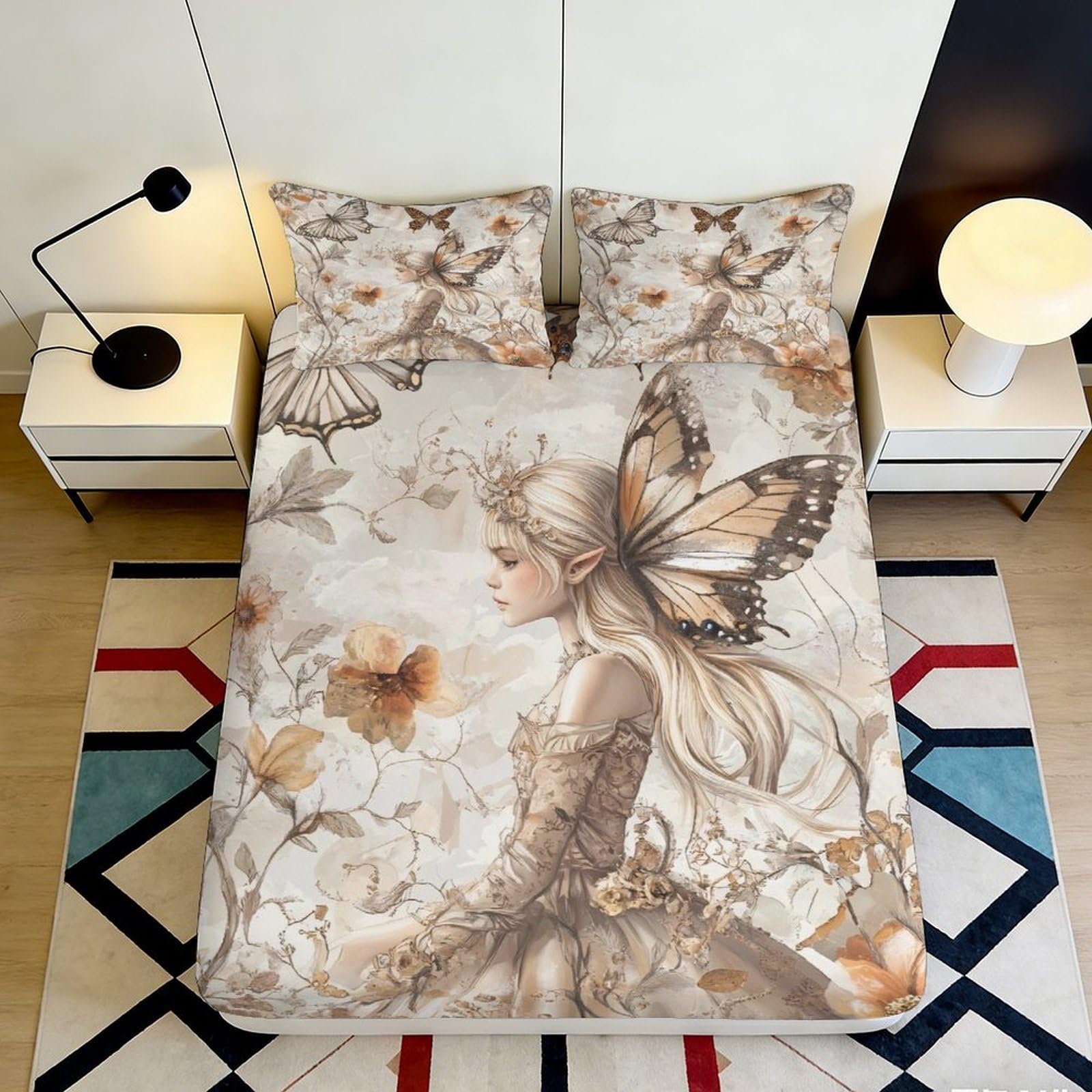 3D Printed Butterfly Fairy Fitted Sheet Microfiber Soft Brown Artistic Mattress Cover for Bedroom Guest Room Decor 90x200x25cm