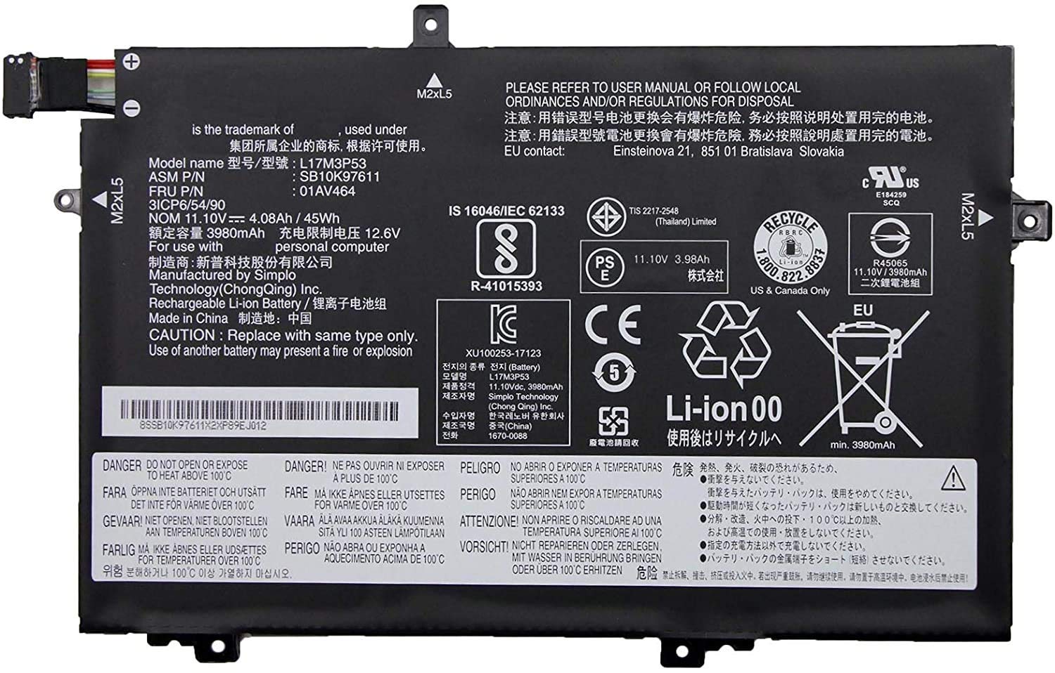 Batteria Green Cell 4100mAh 10.8V Per Lenovo ThinkPad L480 L490 L580 L590 L14 L15 Gen1/Gen2