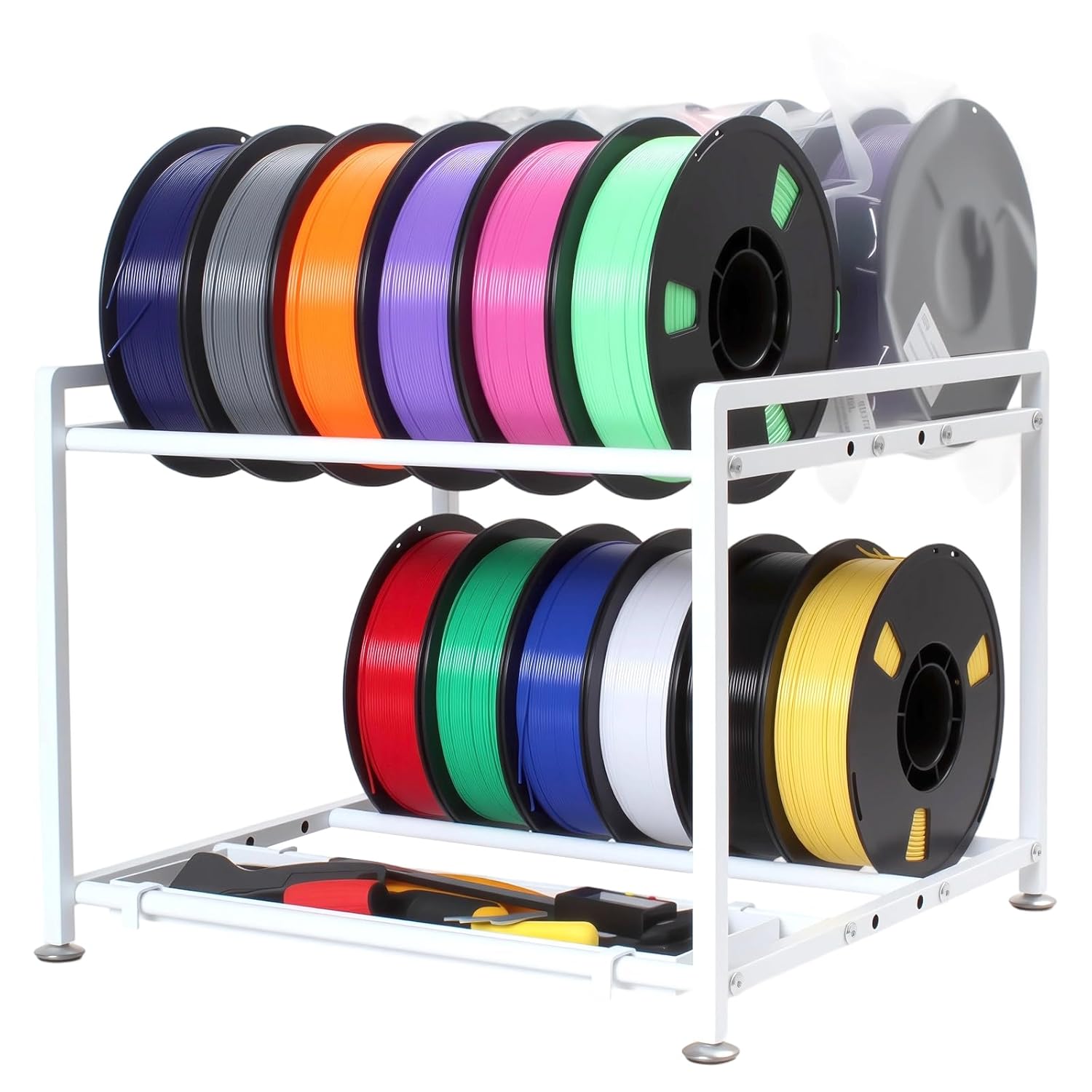3D Printer Filament Storage Rack Desktop, 2-Tier Metal Rolling Spool Holder, Filament Organizer for 3D Printing with Storage Basket, Tabletop Rack for Filament ABS/PLA/TPU for 3D Printing Studio