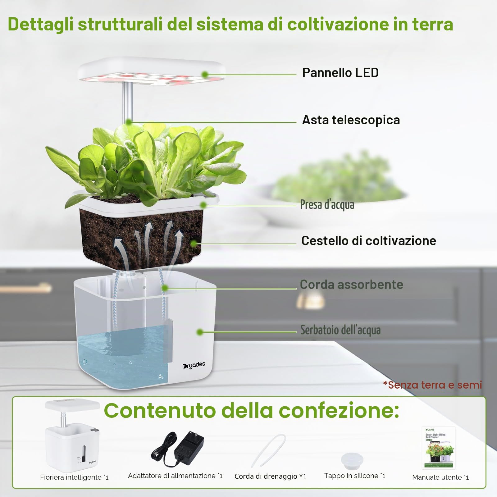 Fioriera da giardino per interni sistemi di coltivazione per piante da pavimento, piccolo sistema di giardinaggio intelligente con luce LED di crescita da 17 W, timer automatico, vaso di irrigazione