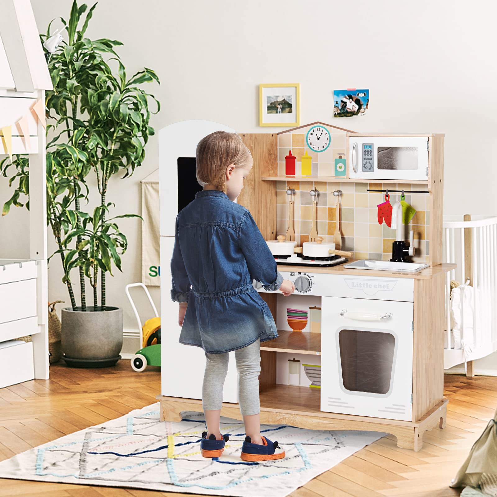 COSTWAY Cucina Giocattolo per Bambini, Cucina Finta Giocattolo con Suoni e Luci Realistici, Accessori Completi di Utensili da Cucina, Ideale per Bambini 3-7 Anni