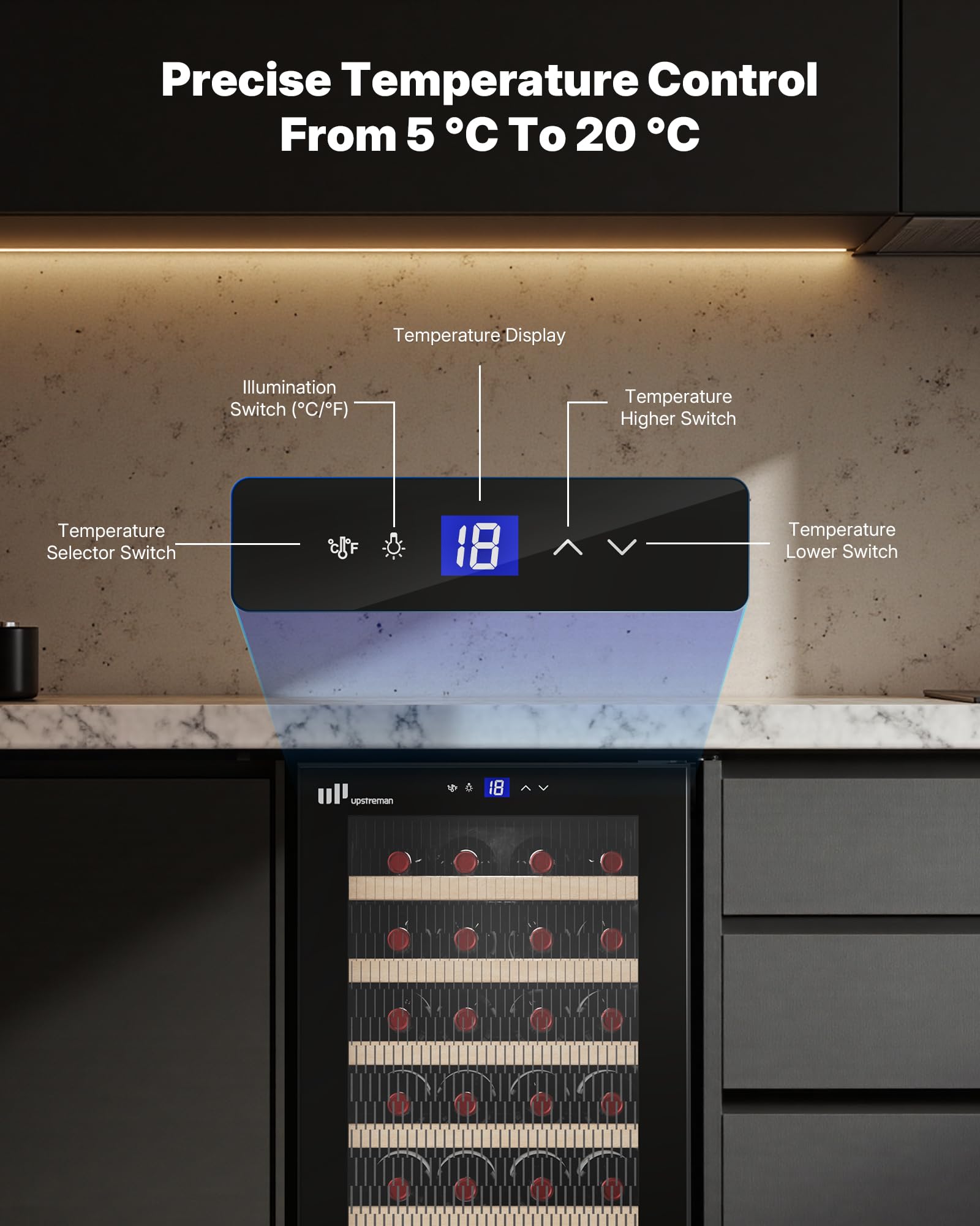 Upstreman Wine Fridge 24-Bottle, Full Glass Door Wine Cooler, 5°C - 20°C Adjustable, Built-in & Under-Counter Design, Double Glazing, Touch Control Panel, LED Light, 5 Shelves, W24-Black — view 4
