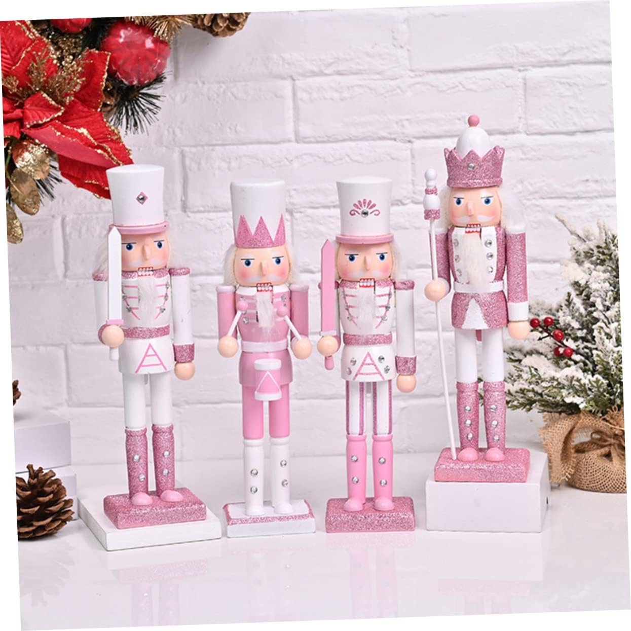 Cabilock 4pcs Wooden Nutcracker Figurines with Movable Mouths Christmas Desktop and Garden Decor Pink Xmas Nutcracker Dolls for Home Decoration