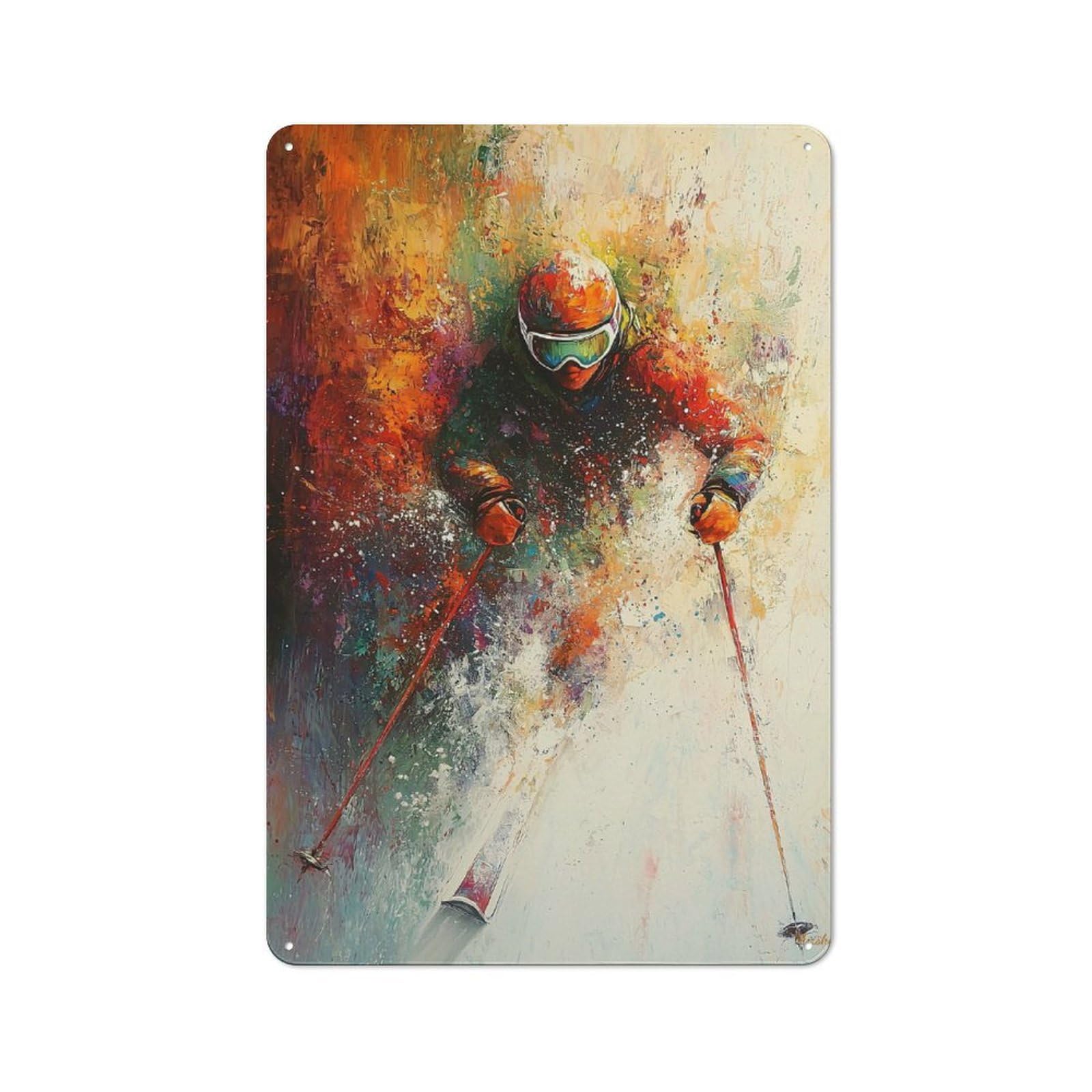 Junmoney Abstract Skier Art - Winter Sports Action Retro Metal Plaque 30X20cm Featuring For Garage Wall, A Winter Wall Decor Update For Workshop Decor Fans