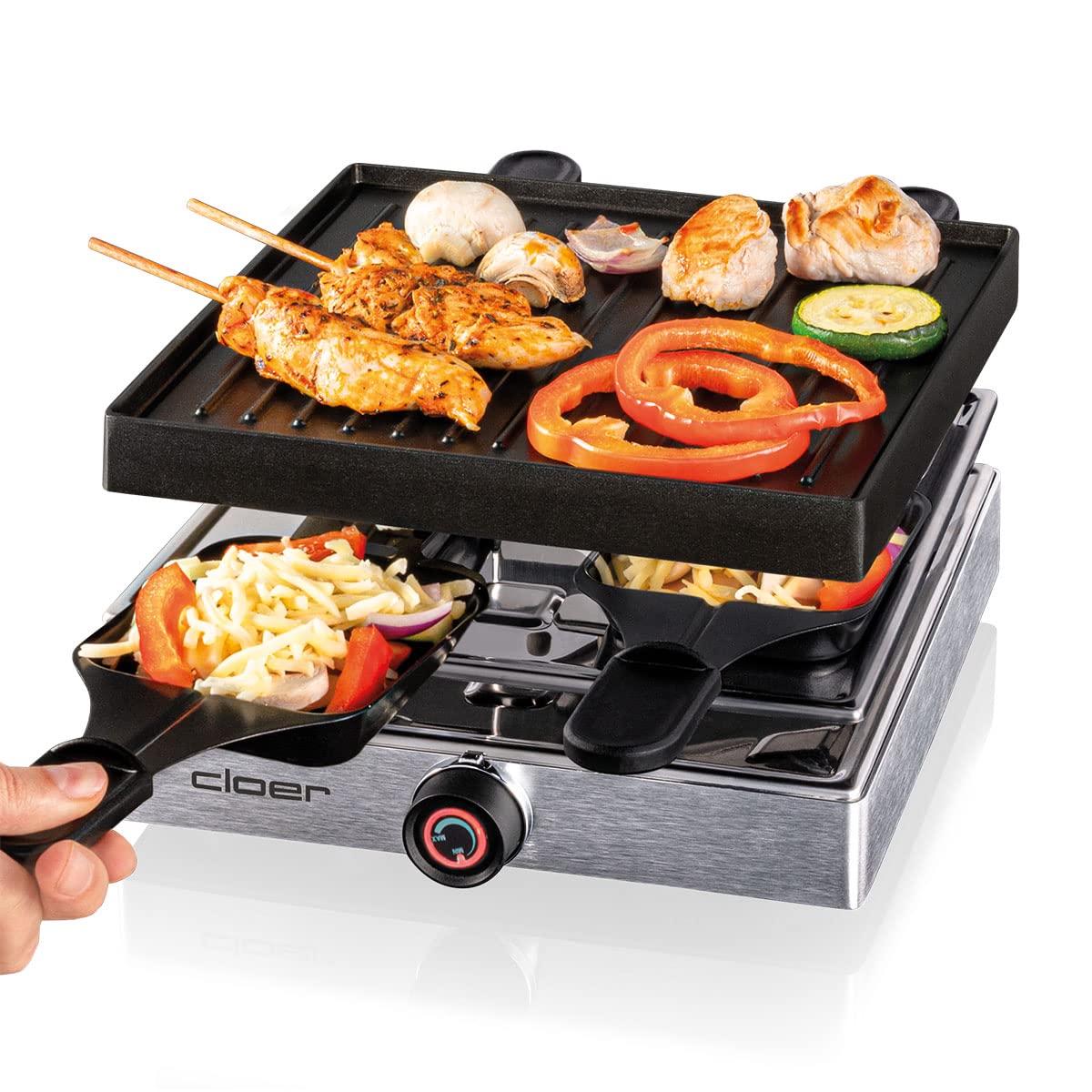 Cloer 6454 Raclettegrill mit Aluminium-Druckguss Platte, 750 W, 4 antihaftbeschichtete Raclettepfännchen, Kunststoffspachtel, unbeheizter Parkplatz, Aluminium