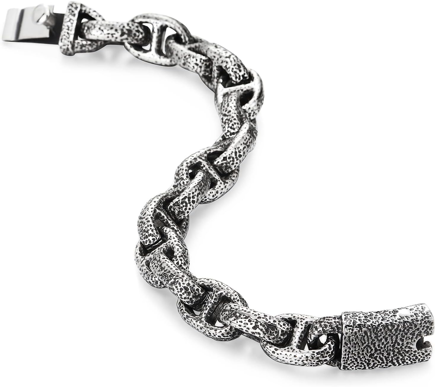 COOLSTEELANDBEYOND Mens Vintage Old Metal Dotted Textured Anchor Marine Link Chain Bracelet Stainless Steel Retro Style - Image 3