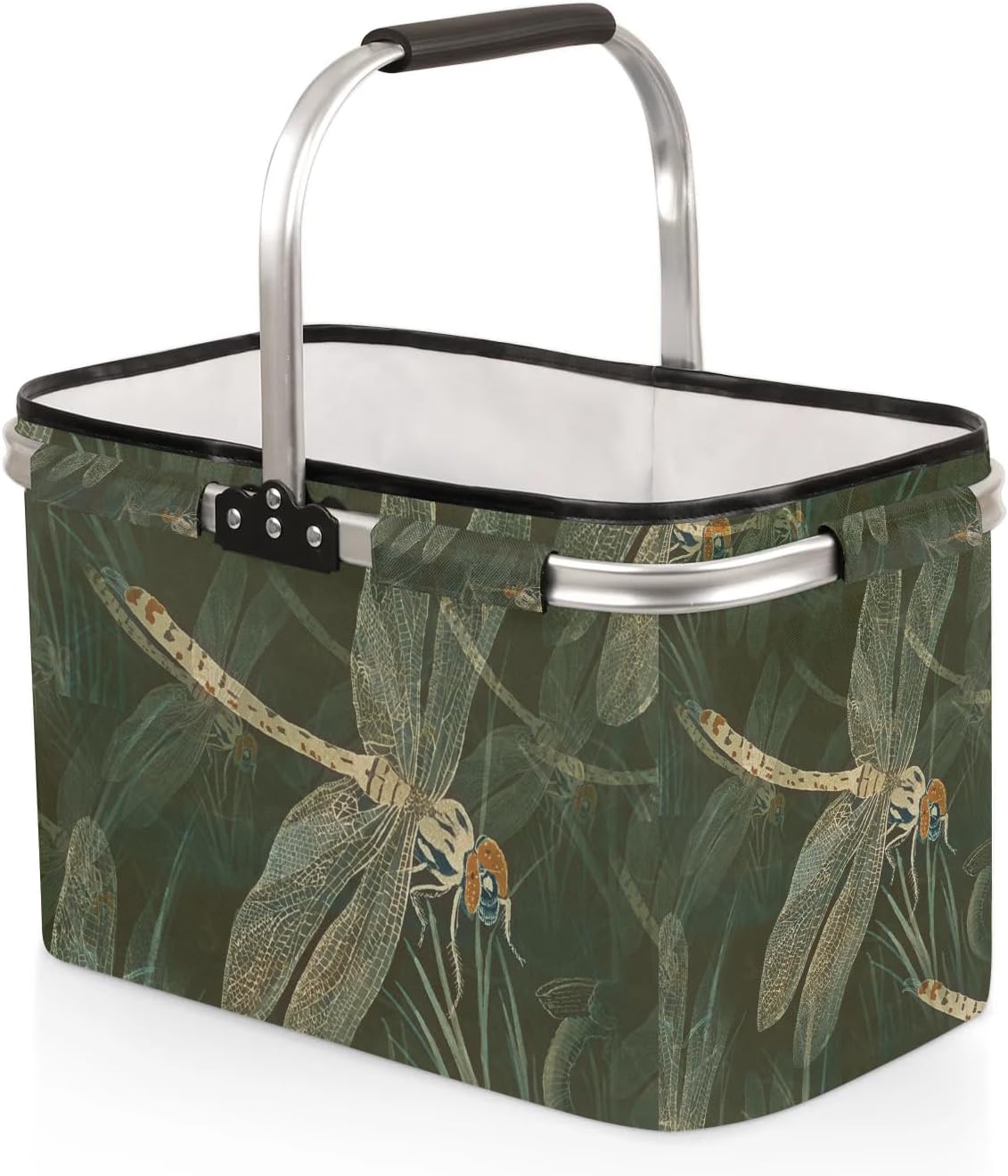 Dragonfly Black Picnic Basket Large Collapsible Market Basket with Handle Aluminum Frame Shopping Basket Foldable Portable Grocery Bags Laundry Basket for Travel Camping Picnic