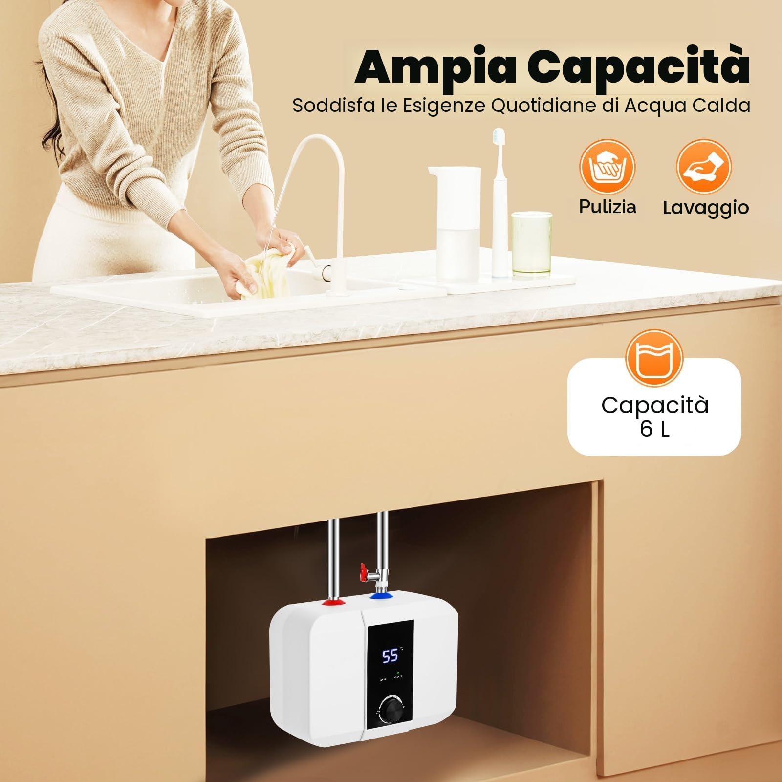 MINRS Scaldabagno elettronico da 6 l, 1500 W, con indicatore di temperatura a LED leggibile, 220 V, scaldabagno da 0 a 65 °C, per cucina e bagno