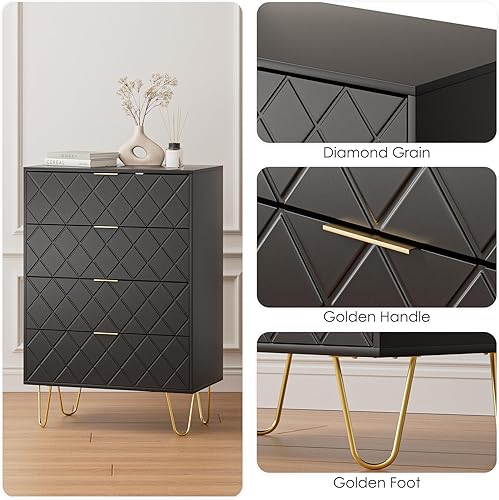 Miniatura 6 de Cómoda de 4 cajones, cajón, armario de almacenamiento alto con manos y patas de metal dorado, cómoda pequeña para dormitorio, sala de estar,