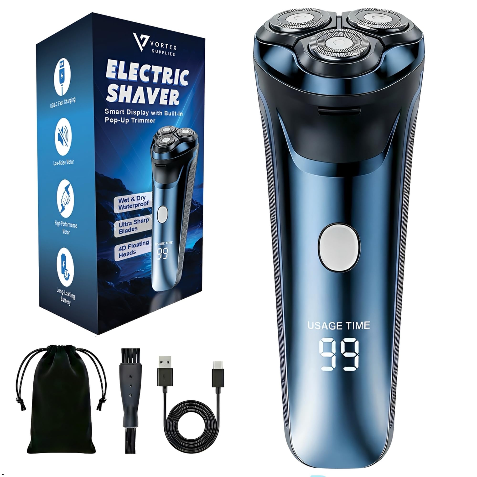 Smart 2-in-1 Electric Rotary Shaver for Men with 4D Floating Heads & Pop-Up Trimmer - USB Rechargeable, Wet & Dry Waterproof Razor with LCD Display (90 Min Runtime)-image-4