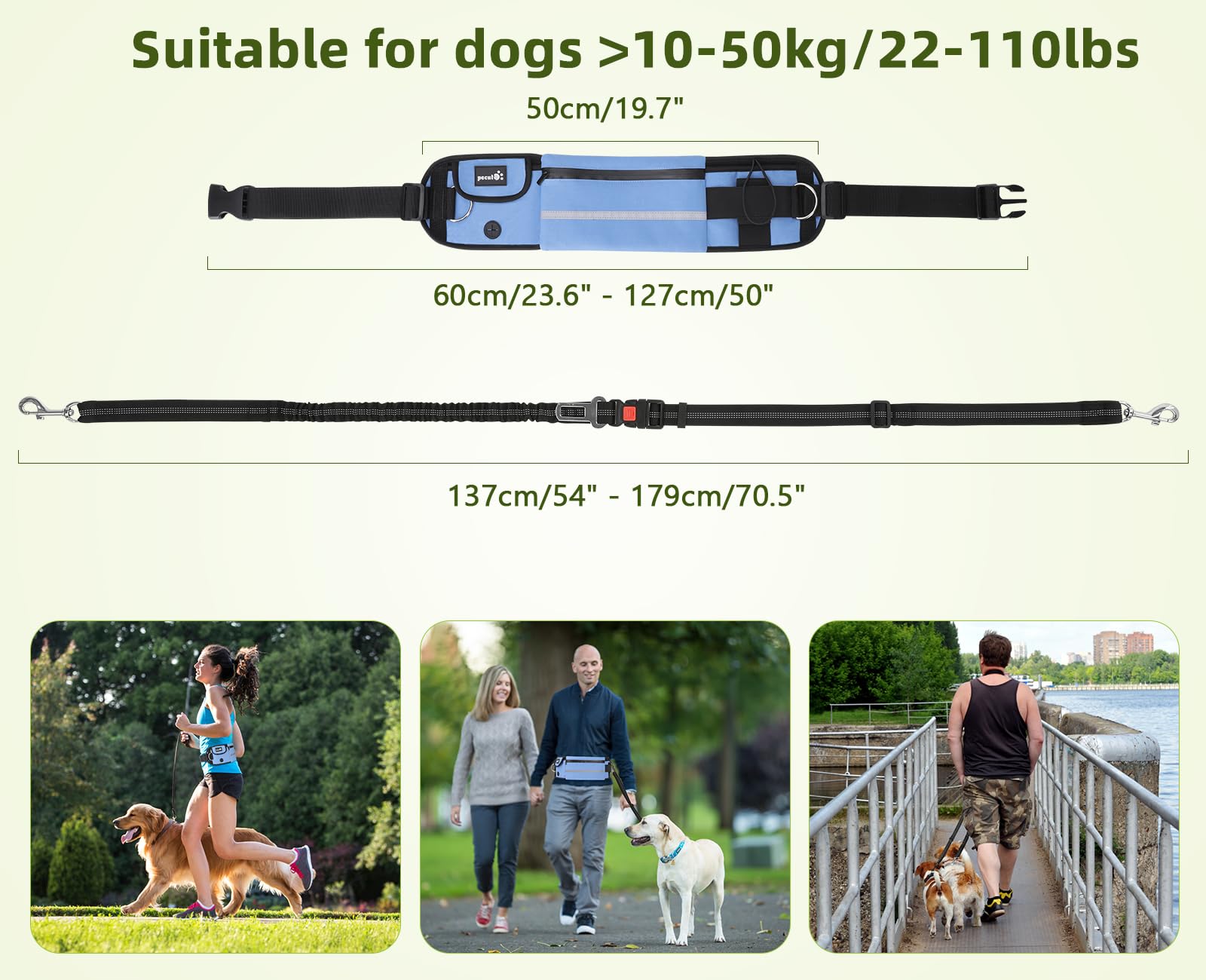 Pecute Guinzaglio Mani Libere per Cani,Guinzaglio per Cani, Camminata, Allenamento, Escursionismo, Cintura in Vita Regolabile e Custodia per l'acqua, per Corsa, Jogging,Blu