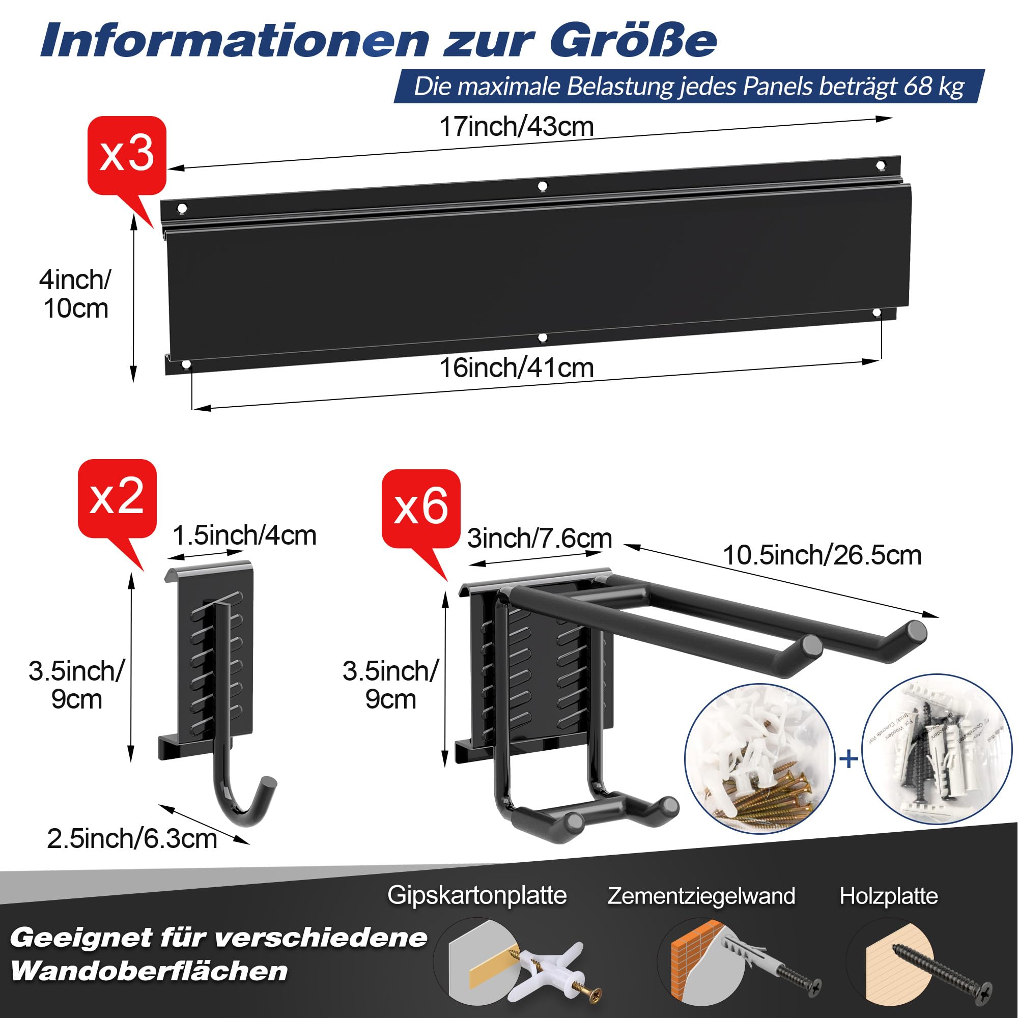 Sttoraboks Werkzeug-Wandregal, verstellbar Wandhalterungen für Garage und Garten mit 8 Haken & 3 Schienen, Hochbelastbares Werkzeugregal bis 204kg, für Garage, Garten, Ski, Besen, Rechen